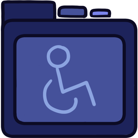 a blue file folder with a person in a wheelchair symbol on it.